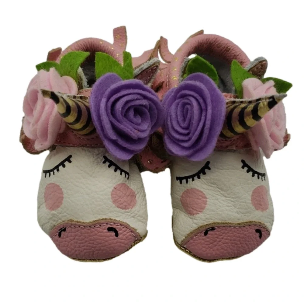 UNICORN baby slippers leather upper leather lining white pink felt flower fringe